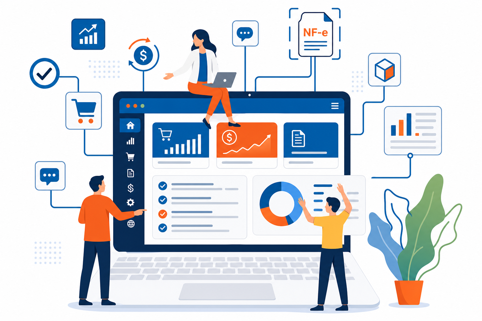 Ilustração de tecnologia, gestão empresarial e soluções digitais